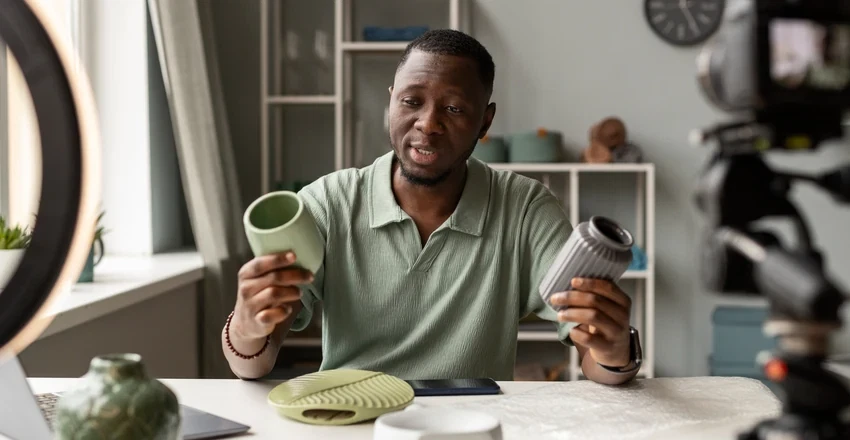 A creator filming a product review on camera, holding up two items to the lens.